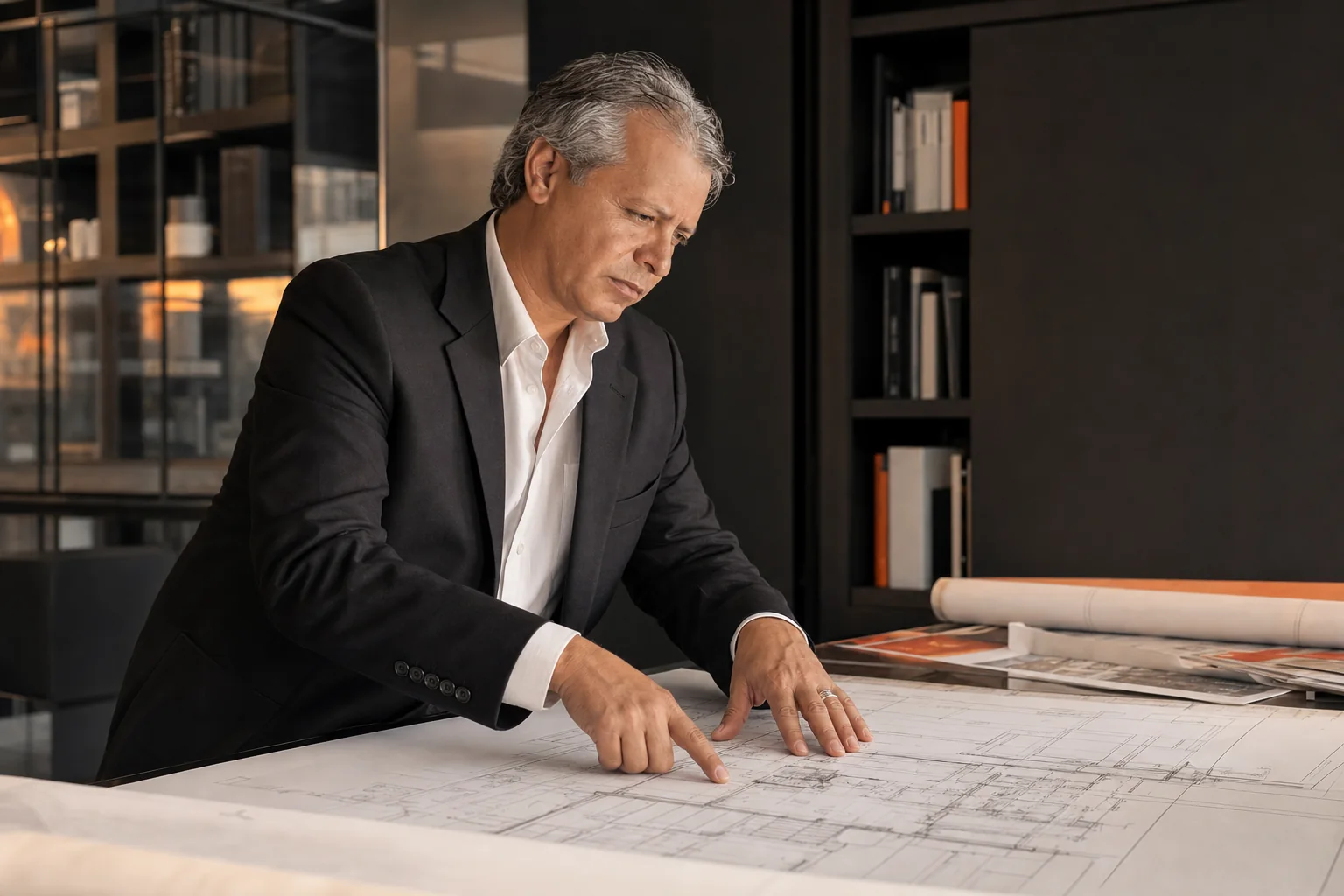 Luis Gonzalez revisando planos arquitectónicos