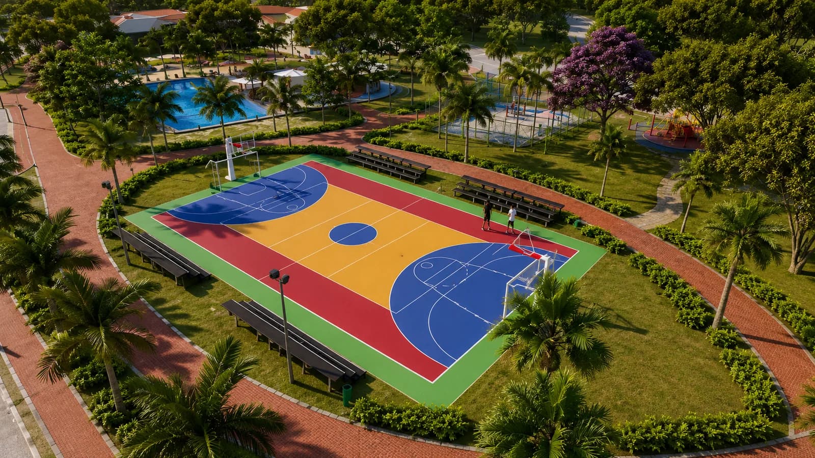 Cancha polifuncional rodeada de áreas verdes